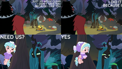 Size: 1280x720 | Tagged: safe, edit, edited screencap, editor:quoterific, imported from derpibooru, screencap, cozy glow, lord tirek, queen chrysalis, centaur, changeling, changeling queen, pegasus, pony, taur, frenemies (episode), season 9, spoiler:s09, campfire, cozybetes, cute, eyes closed, female, filly, grin, legion of doom, male, mare, open mouth, smiling, stallion, tsundalis, tsundere