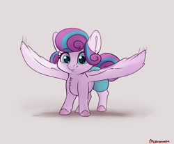 Size: 3210x2660 | Tagged: safe, artist:miokomata, imported from derpibooru, princess flurry heart, alicorn, pony, baby, baby pony, chest fluff, cute, female, filly, flurrybetes, high res, looking at you, missing horn, simple background, solo, spread wings, wings