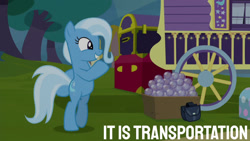 Size: 1280x720 | Tagged: safe, edit, edited screencap, editor:quoterific, imported from derpibooru, screencap, trixie, pony, unicorn, road to friendship, bipedal, cart, cute, diatrixes, female, grin, mare, smiling, solo