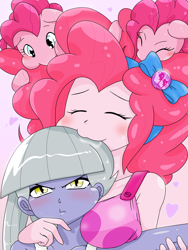 Size: 1668x2224 | Tagged: safe, artist:batipin, imported from derpibooru, limestone pie, pinkie pie, earth pony, pony, equestria girls, blushing, breasts, busty pinkie pie, eating, equestria girls-ified, eyes closed, female, geode of sugar bombs, human ponidox, limestone is not amused, limestone pie is not amused, magical geodes, nom, self ponidox, siblings, sisters, triality