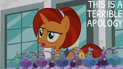 Size: 1280x720 | Tagged: safe, edit, edited screencap, editor:quoterific, imported from derpibooru, screencap, stellar flare, pony, unicorn, season 8, the parent map, apology, female, mare, open mouth, perfume, solo