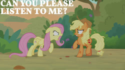 Size: 1280x720 | Tagged: safe, edit, edited screencap, editor:quoterific, imported from derpibooru, screencap, applejack, fluttershy, earth pony, pegasus, pony, sounds of silence, angry, applejack's hat, cowboy hat, duo, duo female, female, hat, mare, messy hair, open mouth, yelling