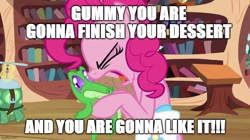 Size: 888x499 | Tagged: safe, artist:megalobronia, edit, edited screencap, imported from derpibooru, screencap, gummy, pinkie pie, tank, alligator, earth pony, pony, turtle, just for sidekicks, season 3, bag, caption, dying for pie, eyes closed, female, golden oaks library, image macro, imgflip, male, meme, open mouth, saddle bag, spongebob squarepants, text, tourist, trio, yelling