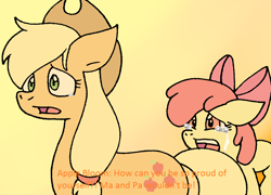 Size: 1004x722 | Tagged: safe, artist:cmara, imported from derpibooru, apple bloom, applejack, earth pony, pony, apple bloom's bow, applejack's hat, argument, bow, cowboy hat, crying, female, fight, filly, gradient background, hair bow, hat, mare, open mouth, sad, siblings, simple background, sisters, yellow background