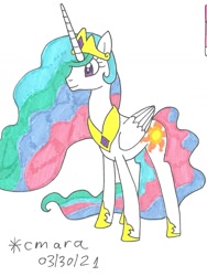 Size: 1080x1440 | Tagged: safe, artist:cmara, imported from derpibooru, princess celestia, alicorn, pony, crown, female, hoof shoes, jewelry, mare, regalia, simple background, solo, traditional art, white background