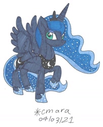 Size: 1097x1352 | Tagged: safe, artist:cmara, imported from derpibooru, princess luna, alicorn, pony, crown, eyeshadow, female, hoof shoes, jewelry, makeup, mare, raised hoof, regalia, simple background, solo, traditional art, white background