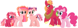 Size: 1280x467 | Tagged: safe, artist:camomiie, artist:selenaede, imported from derpibooru, big macintosh, pinkie pie, oc, oc:flemish beauty, oc:harvest queen, oc:prestine party punch, earth pony, pony, unicorn, base used, family, female, filly, freckles, male, mare, offspring, parent:big macintosh, parent:pinkie pie, parents:pinkiemac, pinkiemac, shipping, simple background, stallion, straight, transparent background