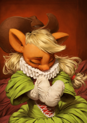 Size: 850x1200 | Tagged: safe, artist:assasinmonkey, imported from derpibooru, applejack, earth pony, pony, clothes, cowboy hat, cute, detailed, digital painting, dress, eyes closed, female, hat, jackabetes, mare, ruff (clothing), socks, solo, teary eyes