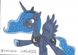 Size: 1461x1048 | Tagged: safe, artist:cmara, imported from derpibooru, princess luna, alicorn, pony, crown, eyeshadow, female, hoof shoes, jewelry, makeup, mare, open mouth, raised hoof, regalia, simple background, solo, traditional art, white background