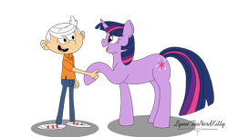 Size: 1280x772 | Tagged: safe, artist:lynnthenerdkitty, imported from derpibooru, twilight sparkle, human, pony, unicorn, crossover, friendshipping, handshake, hoofshake, lincoln loud, open mouth, open smile, smiling, the loud house, unicorn twilight