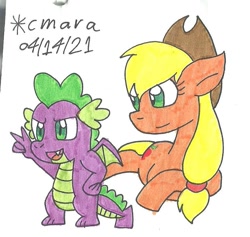 Size: 854x811 | Tagged: safe, artist:cmara, imported from derpibooru, applejack, spike, dragon, earth pony, pony, applejack's hat, applespike, cowboy hat, female, hat, male, mare, open mouth, shipping, simple background, straight, traditional art, white background