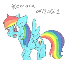 Size: 1042x838 | Tagged: safe, artist:cmara, imported from derpibooru, rainbow dash, pegasus, pony, female, flying, mare, open mouth, simple background, solo, traditional art, white background