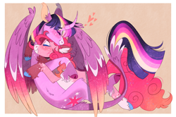 Size: 1938x1285 | Tagged: safe, artist:wanderingpegasus, imported from derpibooru, pinkie pie, twilight sparkle, alicorn, earth pony, pony, alternate hairstyle, belly fluff, blushing, chest fluff, cloven hooves, coat markings, colored ears, colored eyelashes, colored wings, curved horn, cute, diapinkes, ear fluff, ethereal mane, eyes closed, facial markings, female, freckles, horn, hug, leg fluff, leonine tail, lesbian, mare, markings, multicolored wings, pale belly, redesign, shipping, snip (coat marking), socks (coat markings), starry mane, starry wings, twiabetes, twilight sparkle (alicorn), twinkie, unshorn fetlocks, wing fluff, wings