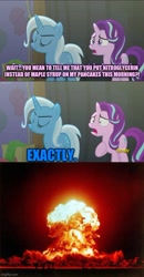 Size: 500x961 | Tagged: safe, edit, edited screencap, editor:professorventurer, imported from derpibooru, screencap, starlight glimmer, trixie, no second prances, duo, everyone died, explosion, faic, imgflip, inconvenient trixie, meme, nitroglycerin