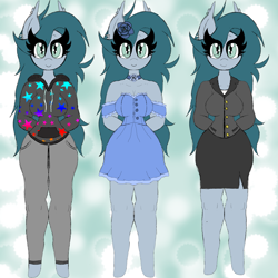 Size: 3543x3543 | Tagged: safe, artist:chubbehbunneh16, imported from derpibooru, oc, anthro, bat pony, unguligrade anthro, bat pony oc, bat wings, business suit, choker, clothes, dress, female, flower, flower in hair, high res, hoodie, skirt, solo, sundress, wings