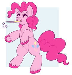 Size: 797x828 | Tagged: safe, artist:lulubell, imported from derpibooru, pinkie pie, earth pony, pony, bipedal, chest fluff, cute, diapinkes, eyes closed, female, frog (hoof), mare, noisemaker, solo, underhoof, unshorn fetlocks