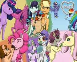 Size: 2500x2000 | Tagged: safe, artist:azurllinate, imported from derpibooru, applejack, coloratura, fluttershy, pinkie pie, rainbow dash, rarity, twilight sparkle, oc, oc:azure sprint, oc:chocolate swirl, oc:dazzle shield, oc:elegrace flux, oc:peachy plum, oc:spiral twinkle, alicorn, draconequus, dracony, dragon, earth pony, hybrid, pegasus, pony, the last problem, alicorn oc, apple, blushing, blushing profusely, boop, chest fluff, cloud, cloud writing, cupcake, draconequus oc, earth pony oc, eyes closed, face paint, fangs, female, flower, flying, foal, food, freckles, futurehooves, gift giving, green eyes, happy, high res, hoof on shoulder, horn, interspecies offspring, juggling, lesbian, long mane, magical lesbian spawn, male, mirror, nervous, next gen:futurehooves, next generation, not impressed, offspring, older, older twilight, open mouth, parent:applejack, parent:cheese sandwich, parent:coloratura, parent:discord, parent:flash sentry, parent:fluttershy, parent:pinkie pie, parent:rainbow dash, parent:rarity, parent:soarin', parent:spike, parent:twilight sparkle, parents:cheesepie, parents:discoshy, parents:flashlight, parents:rarajack, parents:soarindash, parents:sparity, pegasus oc, princess twilight 2.0, proud, rarajack, royalty, shipping, simple background, smiling, stifling laughter, tongue out, trying to feed, twilight sparkle (alicorn), two moms, wavy hair, wings