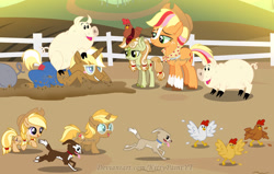 Size: 1280x812 | Tagged: safe, artist:kittypaintyt, imported from derpibooru, applejack, trenderhoof, oc, oc:jelly forest, oc:rustig swagger, oc:split apple, bird, chicken, dog, hybrid, pig, pony, base used, clothes, colt, family, female, filly, granny smith's shawl, interspecies offspring, kirin hybrid, magical lesbian spawn, male, mud, offspring, overalls, parent:applejack, parent:autumn blaze, parent:trenderhoof, parents:autumnjack, parents:trenderjack, pet oc, rainbow power, shipping, step-parent and step-child, straight, trenderjack