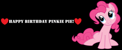 Size: 6848x2816 | Tagged: safe, artist:budgeriboo, artist:twilyisbestpone, derpibooru exclusive, edit, imported from derpibooru, vector edit, pinkie pie, earth pony, pony, black background, cute, diapinkes, female, happy birthday, heart, mare, pinkie pie's birthday, simple background, sitting, smiling, solo, vector