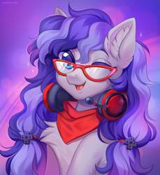 Size: 1097x1200 | Tagged: safe, artist:margony, imported from derpibooru, oc, oc only, oc:cinnabyte, earth pony, pony, bandana, beautiful, cinnabetes, cute, female, glasses, meganekko, one eye closed, pigtails, pretty, solo, wink