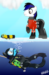 Size: 2633x4000 | Tagged: safe, artist:akififi, imported from derpibooru, oc, oc:sea glow, pegasus, pony, air tank, bubble, dive mask, diving, diving suit, drysuit, duo, flippers, flippers (gear), ice, nose plug, rope, scuba, scuba gear, scuba mask, underwater, weight belt, wetsuit