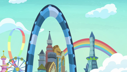 Size: 1280x720 | Tagged: safe, imported from derpibooru, screencap, grannies gone wild, background, las pegasus, no pony, rainbow, scenery, scenic ponyville, skyscraper, wild blue yonder