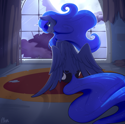 Size: 2532x2516 | Tagged: safe, artist:ailoy4, imported from derpibooru, princess luna, alicorn, pony, backlighting, both cutie marks, ethereal mane, female, full moon, high res, indoors, looking at you, looking back, looking back at you, mare, moon, moonlight, night, rear view, sitting, snaggletooth, solo, starry mane, window, wings