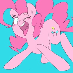 Size: 1238x1240 | Tagged: safe, artist:baigak, imported from derpibooru, pinkie pie, earth pony, pony, blue background, blush sticker, blushing, esophagus, looking at you, one eye closed, open mouth, simple background, solo, tongue out, uvula, wink