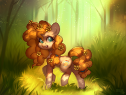 Size: 4000x3000 | Tagged: safe, artist:sugarstar, imported from derpibooru, pear butter, earth pony, pony, bush, cute, female, flower, flower in hair, forest, grass, high res, mare, open mouth, open smile, outdoors, pearabetes, raised hoof, rcf community, smiling, solo, tree