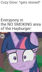 Size: 500x844 | Tagged: safe, edit, edited screencap, editor:professorventurer, imported from derpibooru, screencap, cozy glow, twilight sparkle, the point of no return, :t, faic, imgflip, implied cozy glow, implied smoking, meme, unsettled tom