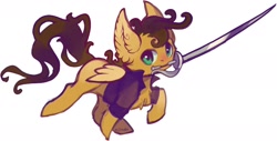 Size: 1540x781 | Tagged: safe, artist:sitaart, imported from derpibooru, oc, oc only, oc:sandy fortune, pegasus, pony, chibi, commission, commissioner:sandyfortune, female, mare, mouth hold, solo, sword, weapon