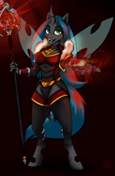 Size: 2671x4096 | Tagged: safe, artist:creed_zachary, imported from derpibooru, queen chrysalis, anthro, changeling, changeling queen, unguligrade anthro, armor, bracer, choker, clothes, commission, crossover, dress, fangs, female, fur, glow, glowing, gold, hair, hand, horn, jewelry, looking at you, mage, magic, magic orb, mare, open mouth, orb, outstretched arm, pendant, revendreth, socks, solo, solo female, staff, staff weapon, standing, stocking feet, stockings, stupid sexy chrysalis, tail, thigh highs, venthyr, warcraft, wings, world of warcraft