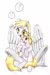 Size: 1990x2967 | Tagged: safe, artist:40kponyguy, derpibooru exclusive, imported from derpibooru, derpy hooves, dinky hooves, pegasus, unicorn, bunny sitting, cute, cutie mark background, ear fluff, female, filly, happy, hug, looking at each other, mare, mother and child, mother and daughter, one eye closed, simple background, traditional art, underhoof, wings