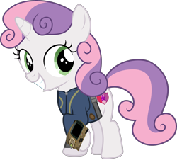Size: 3214x3000 | Tagged: safe, artist:dashiesparkle, artist:ponygamer2020, edit, edited screencap, imported from derpibooru, screencap, sweetie belle, pony, unicorn, fallout equestria, clothes, cute, cutie mark, diasweetes, fallout, female, filly, high res, jumpsuit, looking back, not a vector, pipboy, simple background, smiling, solo, the cmc's cutie marks, transparent background, vault suit, vector