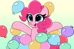 Size: 4096x2710 | Tagged: safe, artist:kittyrosie, imported from derpibooru, pinkie pie, earth pony, pony, balloon, blushing, cute, diapinkes, digital art, doodle, female, happy, high res, mare, open mouth, party balloon, smiling, solo, that pony sure does love balloons