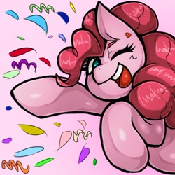 Size: 1543x1543 | Tagged: safe, artist:kyouman1010, imported from derpibooru, pinkie pie, earth pony, pony, cute, diapinkes, happy, looking at you, one eye closed, open mouth, open smile, simple background, smiling, smiling at you, wink, winking at you