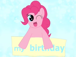 Size: 2048x1548 | Tagged: safe, artist:maud_pie_s4, imported from derpibooru, pinkie pie, earth pony, pony, cute, diapinkes, happy, looking at you, one eye closed, open mouth, open smile, pinkie pie's birthday, simple background, smiling, smiling at you, text, wink, winking at you
