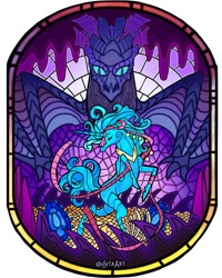 Size: 959x1200 | Tagged: safe, artist:sitaart, imported from derpibooru, oc, oc only, dragon, unicorn, ponyfinder, cave, dancing, egg, magic, pen and paper rpg, rpg, signature, stained glass