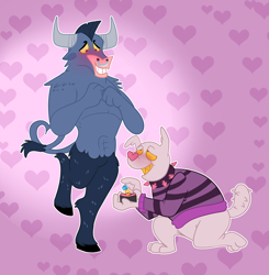 Size: 2544x2592 | Tagged: safe, artist:radicalhat, imported from derpibooru, iron will, oc, oc:duke, anthro, diamond dog, minotaur, blushing, canon x oc, collar, couple, engagement ring, gay, hairless, heart, high res, kneeling, male, marriage proposal, shipping