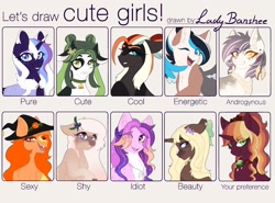 Size: 3391x2508 | Tagged: safe, artist:_ladybanshee_, imported from derpibooru, oc, oc:autumn spell, oc:clover, oc:frosty lavender, oc:jay, oc:juniper bliss, oc:night kite, oc:prismatic glow, oc:pumpkin punch, oc:summer sway, oc:tayen, earth pony, pegasus, pony, unicorn, bust, chest fluff, cute, ear fluff, high res, shy