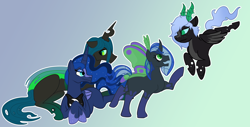 Size: 2318x1181 | Tagged: safe, artist:radicalhat, imported from derpibooru, princess luna, queen chrysalis, oc, alicorn, changeling, changepony, hybrid, pony, chrysaluna, commission, couple, family, fankids, female, group picture, interspecies offspring, lesbian, magical lesbian spawn, offspring, parent:princess luna, parent:queen chrysalis, parents:chrysaluna, shipping