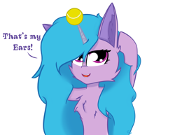 Size: 3500x2700 | Tagged: safe, alternate version, artist:graphictoxin, imported from derpibooru, izzy moonbow, pony, unicorn, ball, captain obvious, cheek fluff, chest fluff, cute, ear fluff, ears, fangs, female, fluffy, g5, happy, high res, horn, horn guard, horn impalement, hornball, izzy's tennis ball, izzybetes, mare, no shit sherlock, simple background, smiling, solo, tennis ball, text, white background