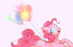 Size: 2048x1329 | Tagged: safe, artist:mirroredsea, imported from derpibooru, pinkie pie, earth pony, pony, balloon, cute, diapinkes, female, floating, happy, looking at you, mare, smiling, solo, then watch her balloons lift her up to the sky