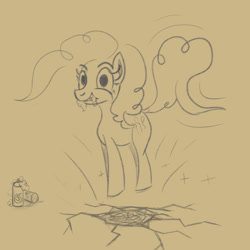 Size: 1200x1200 | Tagged: safe, artist:hotkinkajou, pinkie pie, earth pony, pony, /mlp/, chinese earthquake, cracks, drawthread, excited, female, foaming at the mouth, food, irrational exuberance, jumping, lineart, mare, monochrome, pronking, simple background, smiling, whipped cream