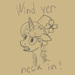 Size: 529x529 | Tagged: safe, artist:hotkinkajou, cloverleaf, oc, pony, unicorn, /mlp/, bust, drawthread, female, hat, irish, lineart, mare, monochrome, simple background, text