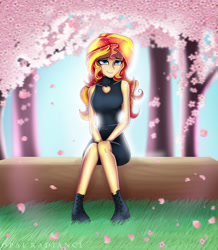 Size: 1920x2197 | Tagged: safe, artist:opal_radiance, imported from derpibooru, sunset shimmer, equestria girls, bare shoulders, boots, cherry blossoms, clothes, dress, eyebrows, eyelashes, female, flower, flower blossom, full body, hair, long hair, looking at you, petals, shoes, sitting, smiling, smiling at you, solo, solo female, sparkly hair, sparkly mane, tree