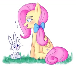 Size: 1107x957 | Tagged: safe, artist:saltysel, imported from derpibooru, angel bunny, fluttershy, pegasus, pony, rabbit, animal, blushing, bow, duo, female, grass, hair bow, mare, simple background, sitting, smiling, white background, wings