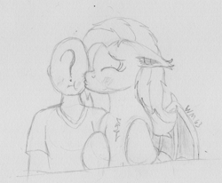 Size: 2196x1811 | Tagged: safe, artist:wapamario63, imported from ponybooru, fluttershy, oc, oc:anon, bat pony, human, pony, bat ponified, chest fluff, cute, female, flutterbat, kiss on the cheek, kissing, mare, monochrome, race swap, shyabetes, sketch, traditional art