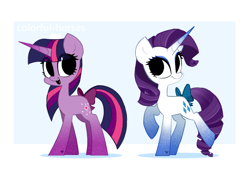 Size: 3571x2500 | Tagged: safe, anonymous editor, artist:syrupyyy, imported from derpibooru, rarity, twilight sparkle, pony, unicorn, asexual, bow, cute, duo, eyeshadow, female, makeup, mare, open mouth, raised hoof, raised leg, raribetes, tail bow, twiabetes, unicorn twilight