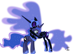 Size: 1038x769 | Tagged: safe, artist:90sigma, imported from ponybooru, nightmare moon, princess luna, alicorn, pony, cute, eyes closed, hug, hugging a pony, lunabetes, nightabetes, sad eyes, simple background, transparent background